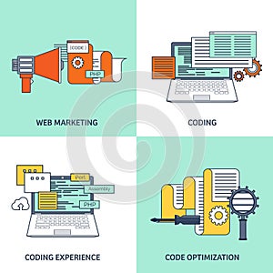 Vector illustration. Flat background. Coding, programming. SEO. Search engine optimization. App development, creation