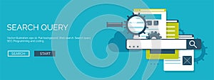 Vector illustration. Flat background. Coding, programming. SEO. Search engine optimization. App development, creation