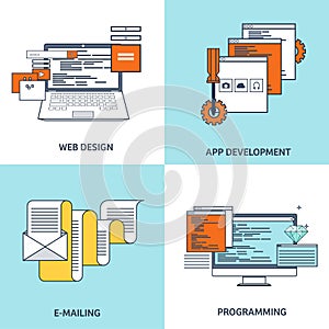 Vector illustration. Flat background. Coding, programming. SEO. Search engine optimization. App development, creation