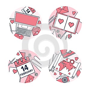 Vector illustration. Flat background with computer laptop calendar, map, book. Love and hearts. Valentines day. Be my