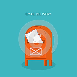 Vector illustration. Flat background with envelope. Emailing concept background. Spam and sms writing.Lettering. Mailbox