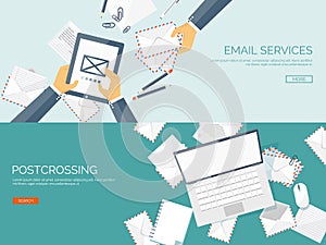 Vector illustration. Flat background with envelope. Emailing concept background. Spam, sms writing.Lettering. New