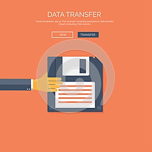 Vector illustration. Flat background with hand ,floppy disc. Data transfer. Information.