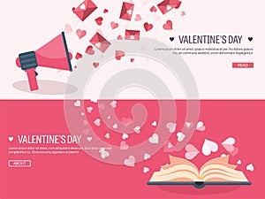 Vector illustration. Flat background with loudspeaker, hand and book. Love and hearts. Valentines day. Be my valentine