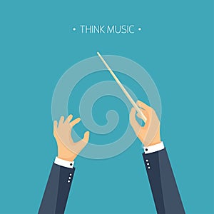 Vector illustration. Flat background orchestra conductor. Music and hands.