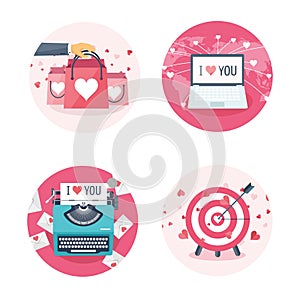 Vector illustration. Flat background with shopping bags target laptop, typewriter . Love and hearts. Valentines day. Be