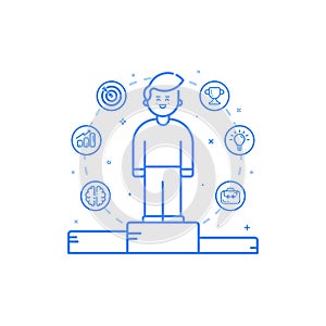 Vector illustration in flat bold linear style with boy and blue icons.