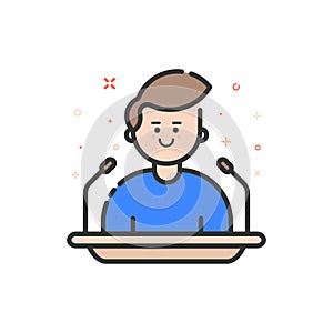 Vector illustration in flat bold outline style with boy - orator speaking from tribune.