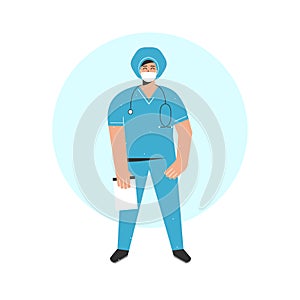 Vector illustration with flat cartoon doctor holding notes. Happy smiling nurse girl is dressed in blue medical uniform with