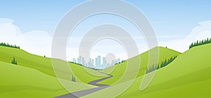 Vector illustration: Flat cartoon Landscape with road leading through the hills to the city or metropolis