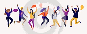 Vector illustration in flat cartoon style with group of young laughing people jumping with raised hands and speech bubbles.