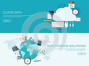 Vector illustration. Flat cloud computing background. Data storage network technology. Multimedia content, web sites