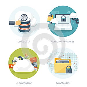Vector illustration. Flat cloud computing background. Data storage network technology. Multimedia content, web sites