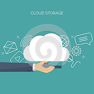 Vector illustration. Flat cloud computing background. Data storage network technology. Multimedia content web sites
