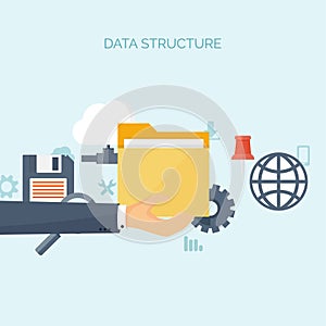 Vector illustration. Flat cloud computing background. Data storage network technology. Multimedia content web sites