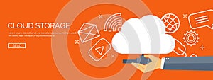 Vector illustration. Flat cloud computing background. Data storage network technology. Multimedia content, web sites