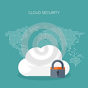 Vector illustration. Flat cloud computing background. Data storage network technology. Multimedia content web sites