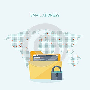 Vector illustration. Flat cloud computing background. Data storage network technology. Multimedia content web sites