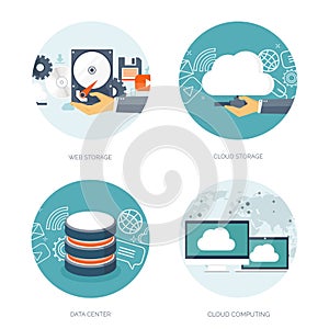 Vector illustration. Flat cloud computing background. Data storage network technology. Multimedia content, web sites