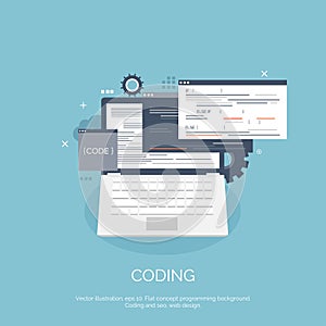 Vector illustration. Flat computing background. Programming,coding. Web development and search. SEO. Innovation