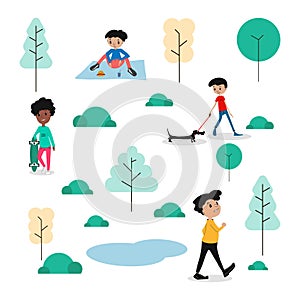 Vector illustration in a flat design of a group of people outdoors in a Park at the weekend.Men with a dog, boy with a