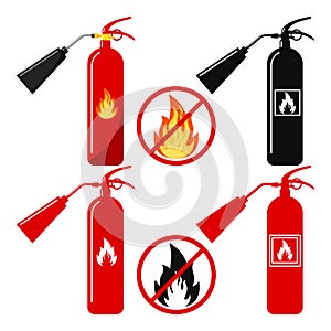 Vector illustration of flat design set red, black fire extinguisher with nozzle icon, fire and no fire sign, no open flame