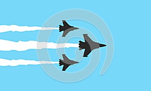 Three military fighters symbols on blue background. Jets show vector illustration