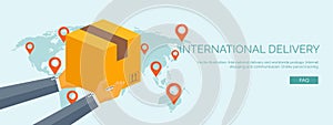 Vector illustration. Flat header. International delivery, worldwide postage. Emailing online shopping. Envelope package.