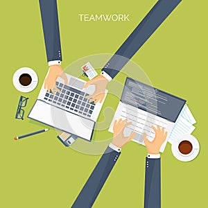 Vector illustration. Flat header. Teamwork. Smart solutions. Programming coding and web design.