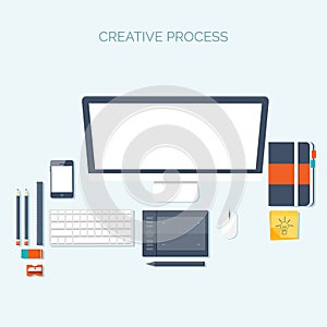 Vector illustration. Flat header. Teamwork. Smart solutions. Programming coding and web design.
