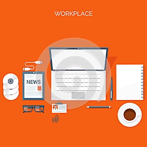 Vector illustration. Flat header. Workplace. Programming coding web design. Laptop pc.