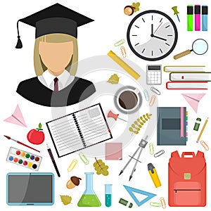 Vector illustration flat illustration of school supplies. Girl student icon.