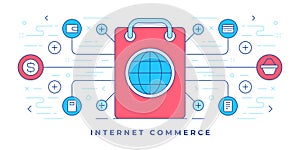 Vector illustration of flat line banner with graphic icons around shopping bag with globe sign for internet commerce