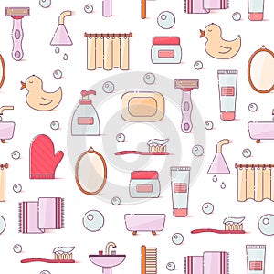 Vector illustration with flat line cartoon bathroom background