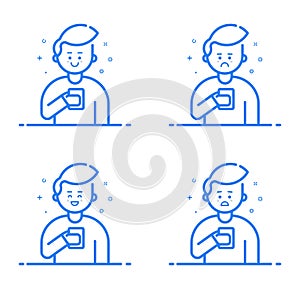 Vector illustration in flat linear style. Boy holding mobile phone with smile on his face.