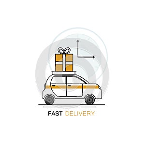 Vector illustration in flat linear style - fast delivery car with giftbox present.