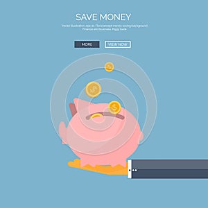 Vector illustration. Flat saving money concept background. Piggy bank and coins.