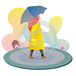 Vector illustration in flat simple style - autumn concept - girl walking in the rain in orange coat with umbrella