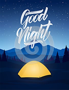 Vector illustration: Flat starry mountains landscape with camp tent and type lettering of Good Night.