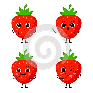 Vector Illustration Flat Strawberry Cute Character expression emotion collection set isolated on white background , minimal style