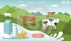 Vector illustration in a flat style, a banner for a website on the theme of organic, farm dairy products.