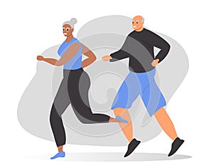 Vector illustration in flat style. elderly couple running