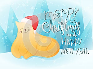 Vector illustration of flat style fat ginger cat in santa hat with greeting lettering phrase