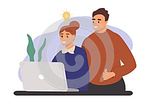 vector illustration in flat style. the girl works behind a laptop, she has an idea.