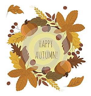 Vector illustration in flat style. greeting card with a wreath of autumn leaves, berries and pumpkins