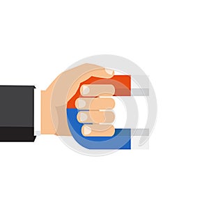 Human hand holding a magnet. Vector illustration, flat style, is
