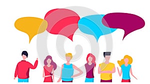 Vector illustration, flat style, people discuss social network, news, social networks, chat, dialogue speech bubbles