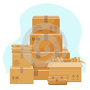 Vector illustration in a flat style. Pile of cardboard boxes isolated on white background