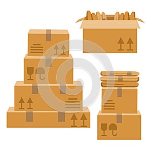 Vector illustration in a flat style. Pile of cardboard boxes isolated on white background