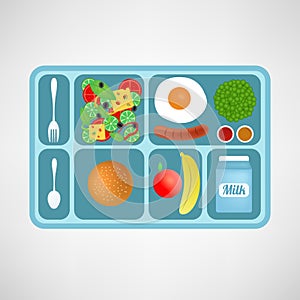 Vector illustration. Flat style. School lunch. Healthy food for students.